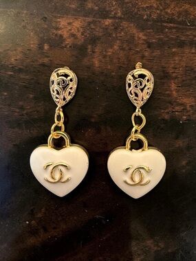 CHANEL UPCYCLE Gold-Tone and Cream Heart Drop Earrings (made from zipper pull)